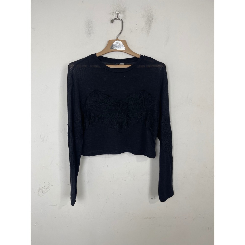 H&M Divided Black Sheer Lace Crop Top Long Sleeve Floral Overlay Womens Small‎